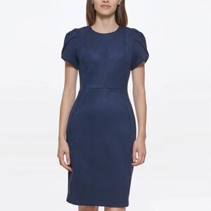 Calvin Klein Navy Short Sleeve Faux Suede Sheath Dress, Size 12, NWT